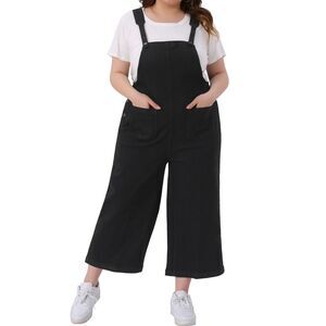 Plus Size Denim Bib Adjustable Straps Pockets Jumpsuit Pants Black